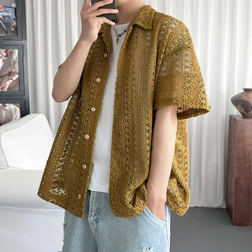 AIDASE  -  Niche Fashion Men's Shirts Floral Texture Hollow Out Design Short Sleeve Solid Color Lapel Single Breasted Shirt 21E6625 aidase-shop